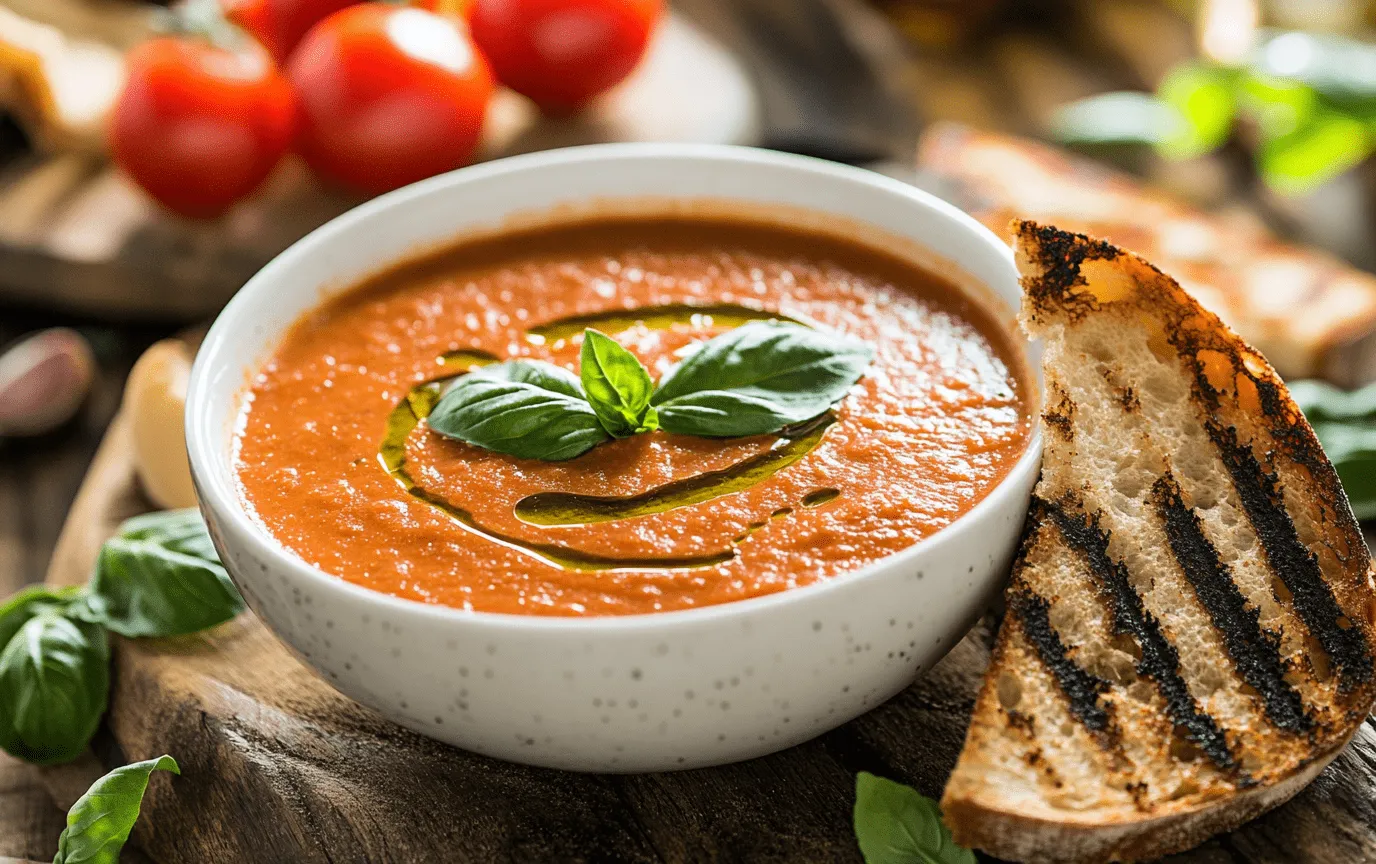 Bowl of tomato basil soup with grilled bread
